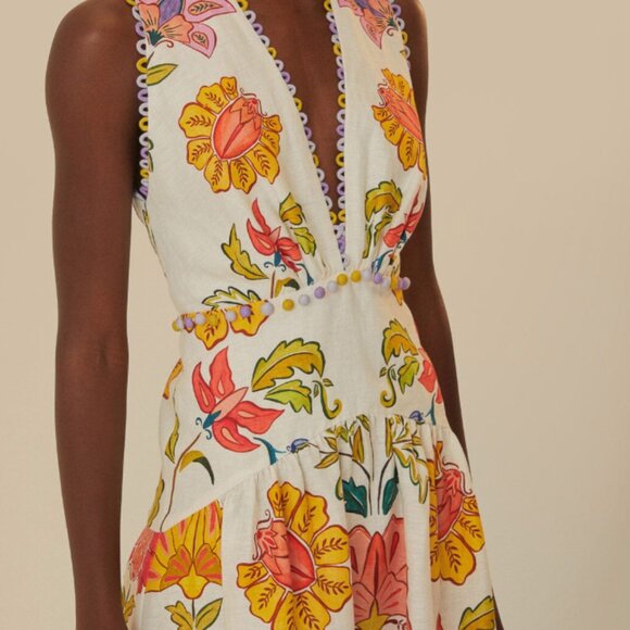 FARM Rio Off-White Floral Insects Euroflax™ Premium Linen Maxi Dress - NWT -- XS - Picture 2 of 7